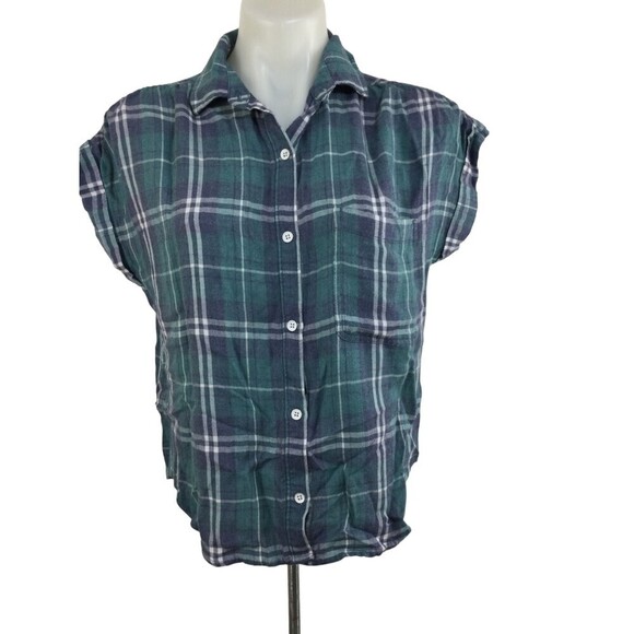Cloth & Stone Womens Plaid Short Sleeve Collared Button Shirt Blue Green Size XS - Picture 1 of 9